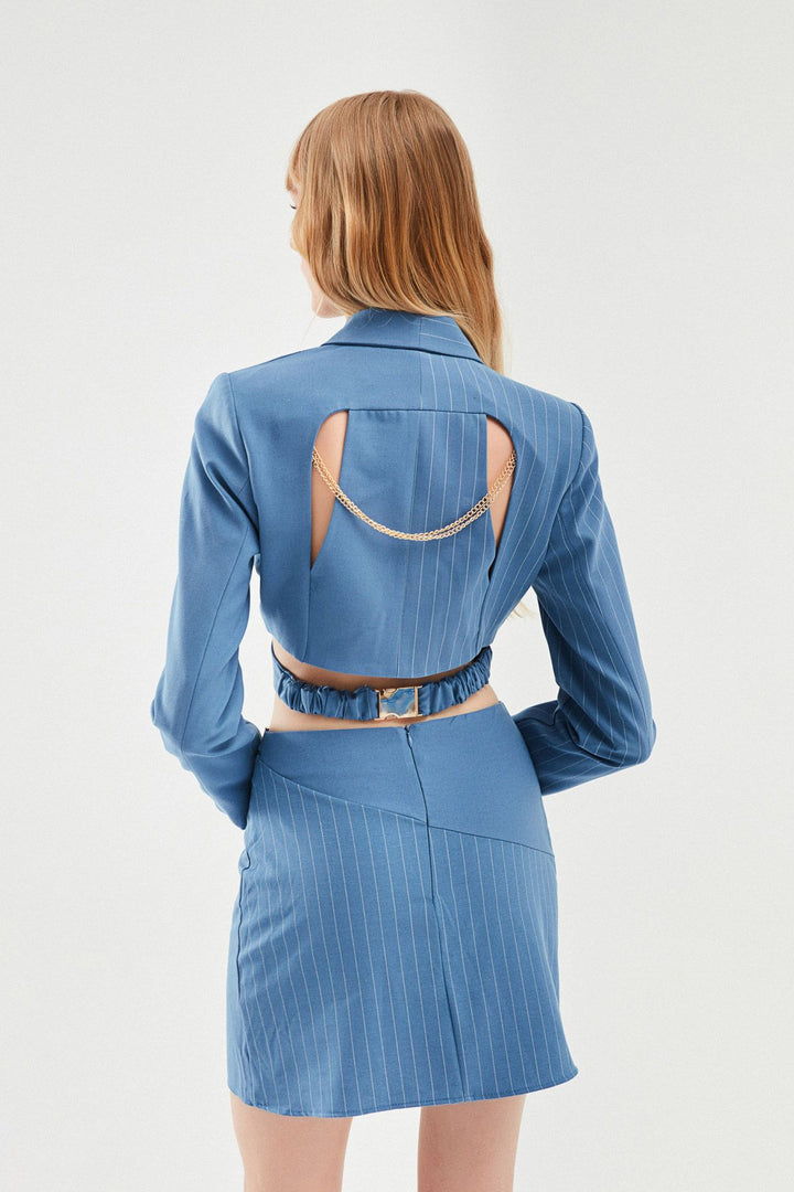 Belted Crop Blazer Jacket Blue
