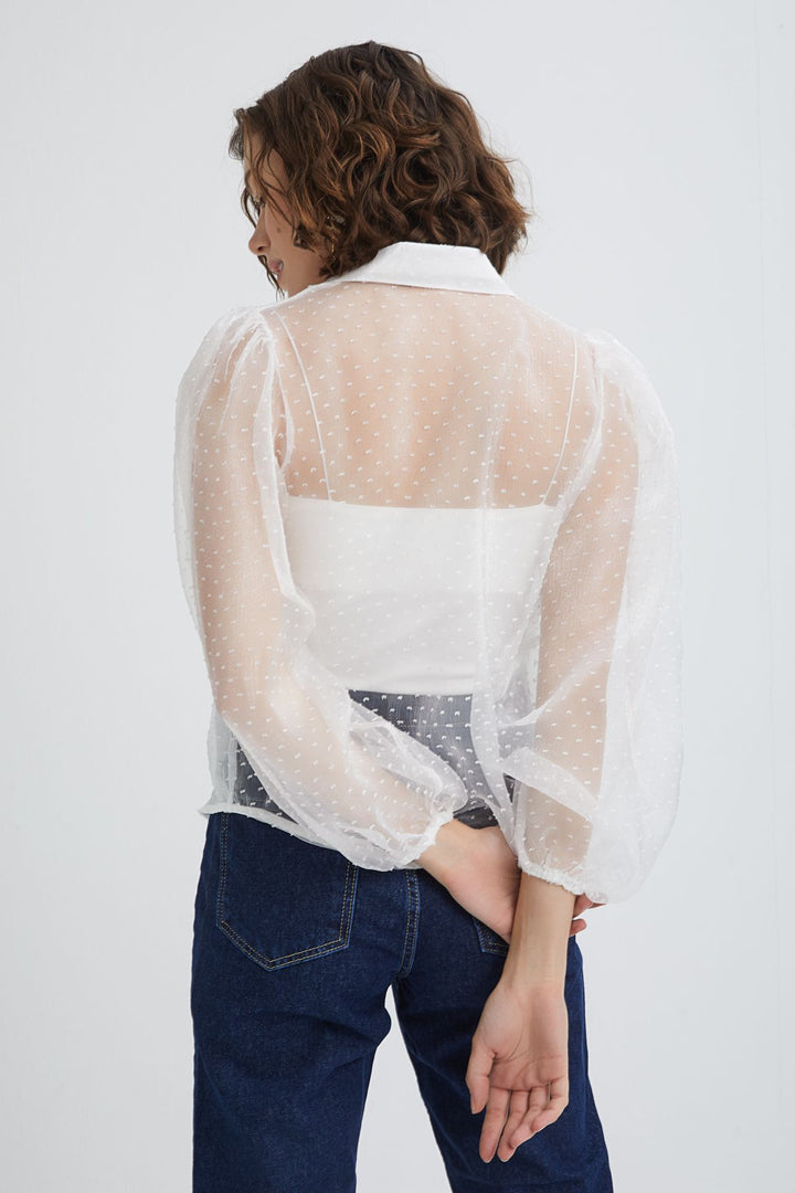 Embossed Sleeves Pleated Tulle Shirt Ecru