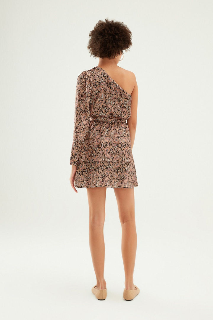 Tek Omuz Saten Elbise Kahverengi