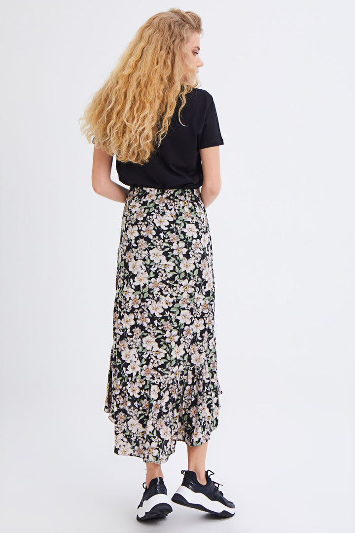 Floral Patterned Ruffled Asymmetrical Skirt Black