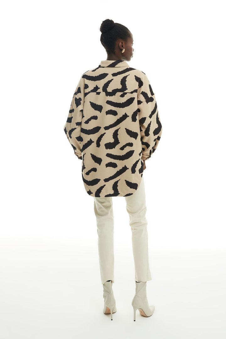 Fermuar Detaylı Leoparlı Ceket Bej