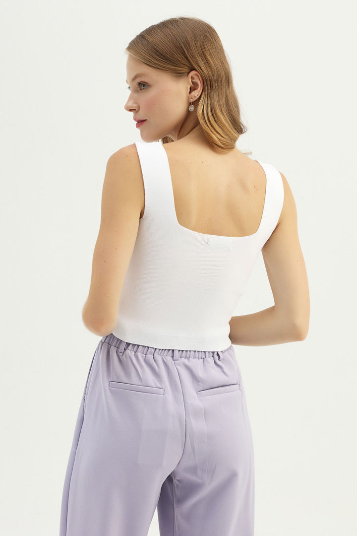 Askılı Kare Yaka Triko Beyaz