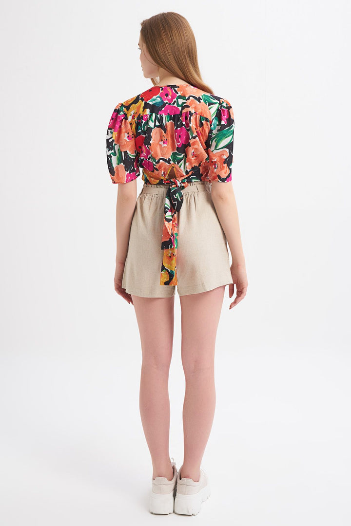 Belted High Waist Linen Shorts Beige