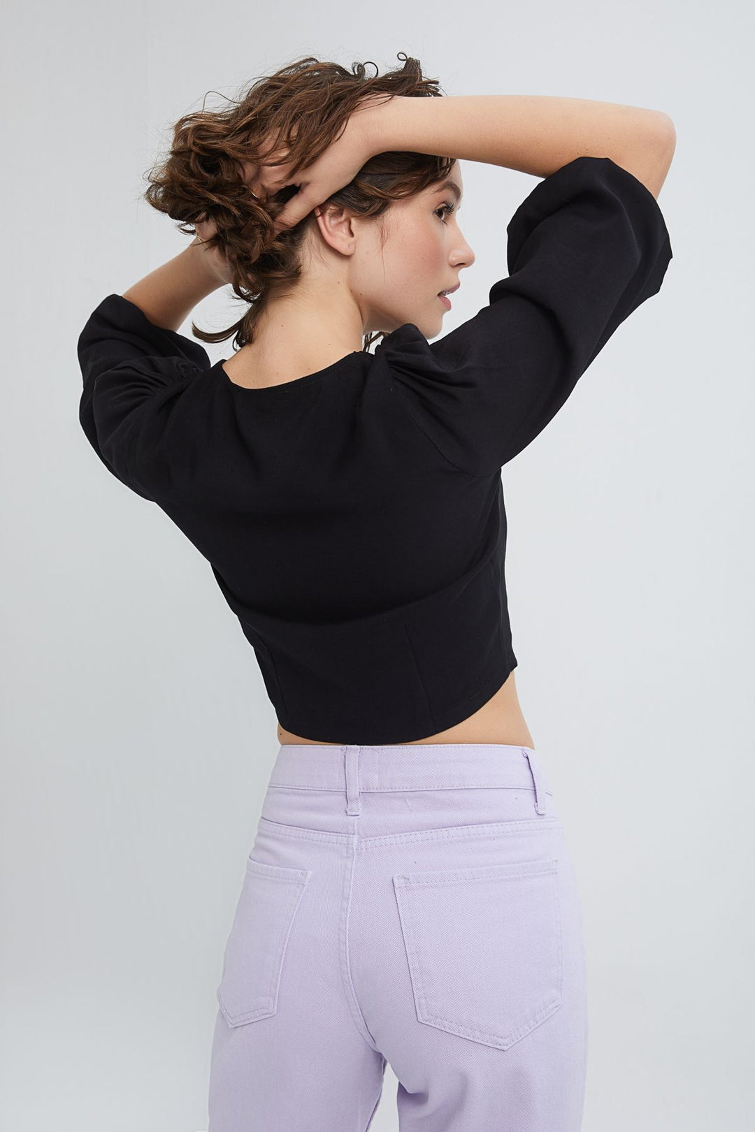 Balloon Sleeve Front Tie Crop Blouse Black