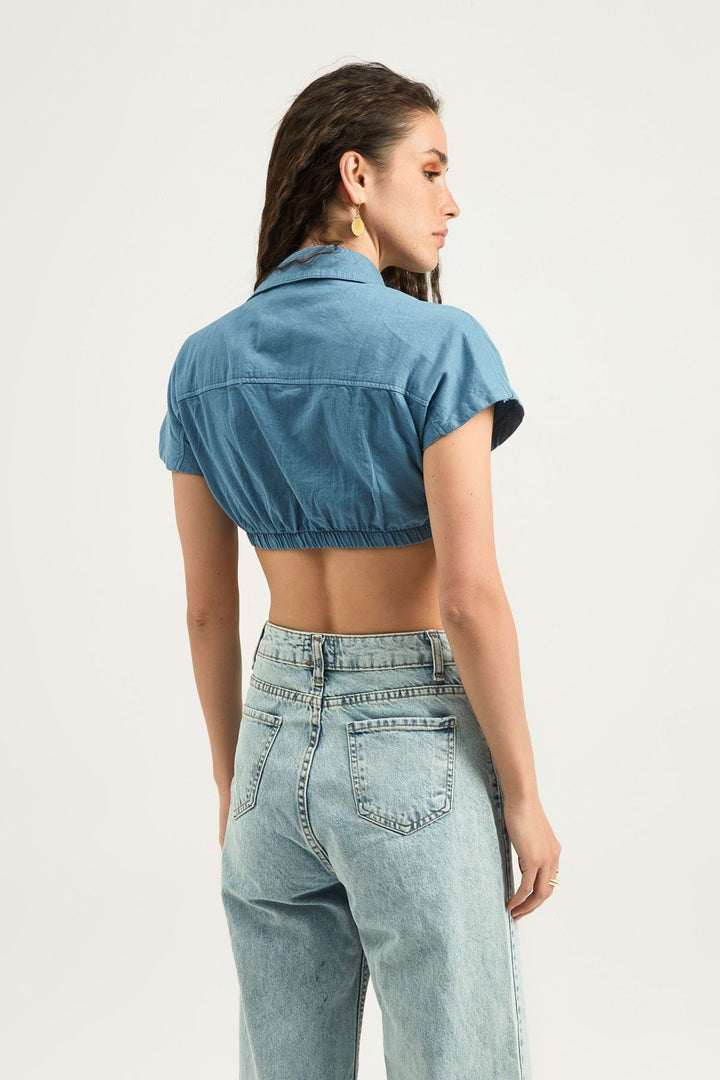 V Yaka Crop Bluz İndigo