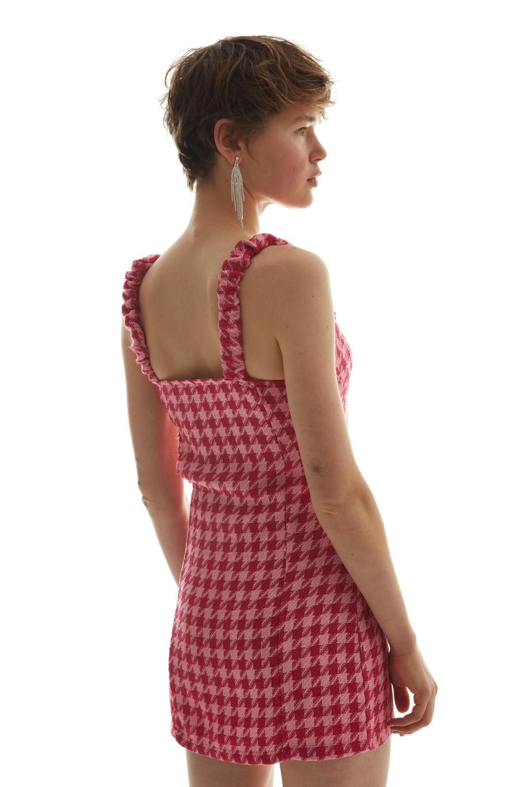 Slit Detailed Tweed Mini Dress Fuchsia