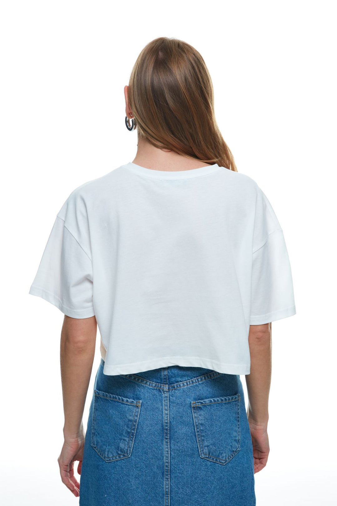 Renkli Yazı Baskılı Crop Tişört Ekru