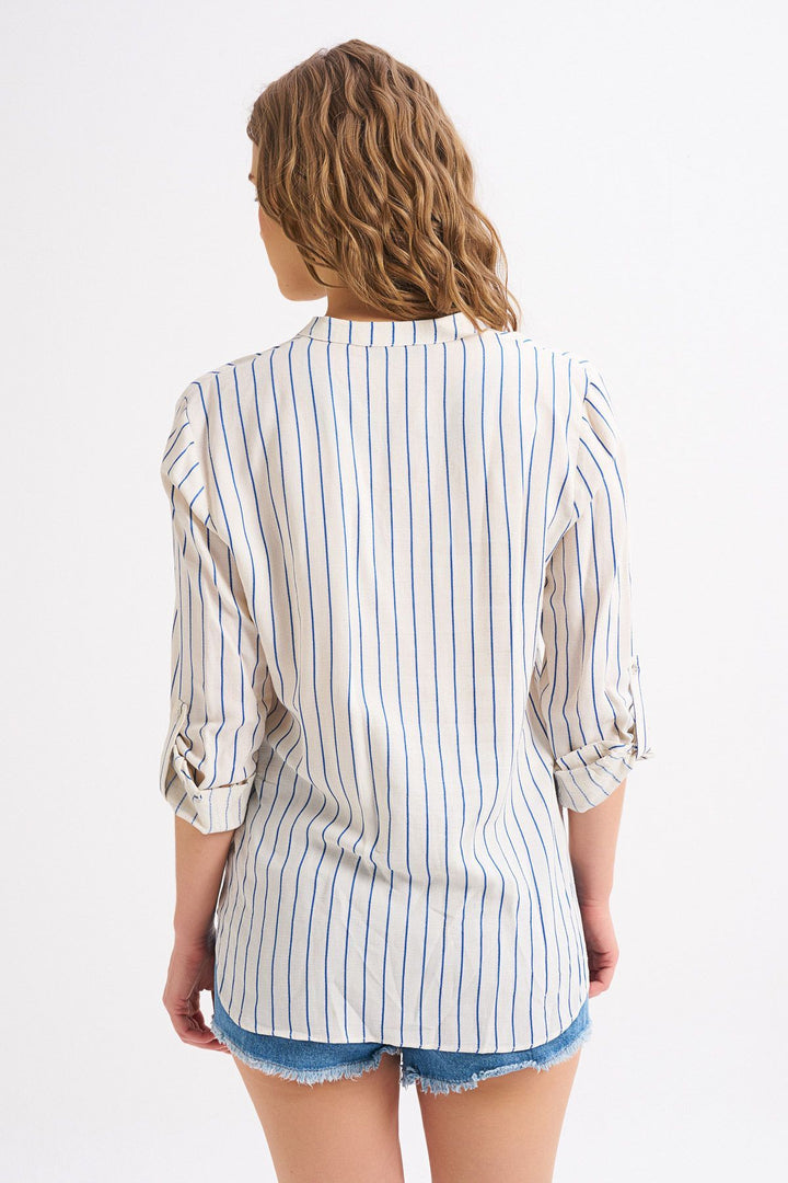 Çizgili Cepli Keten Gömlek İndigo