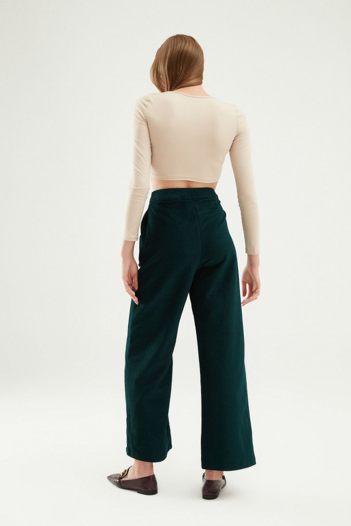 Pleated Velvet Trousers Dark Green