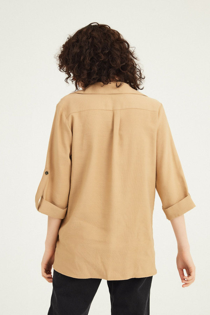 V-Neck Three Quarter Sleeve Shirt Camel