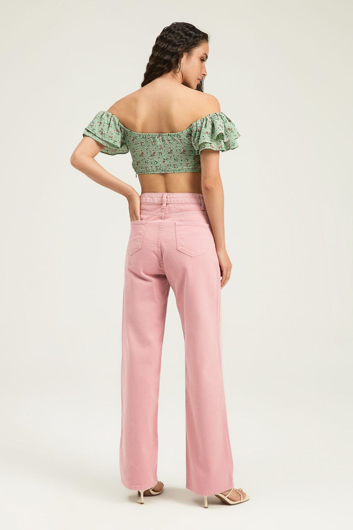 Decollete Detailed Mom Jean Candy Pink