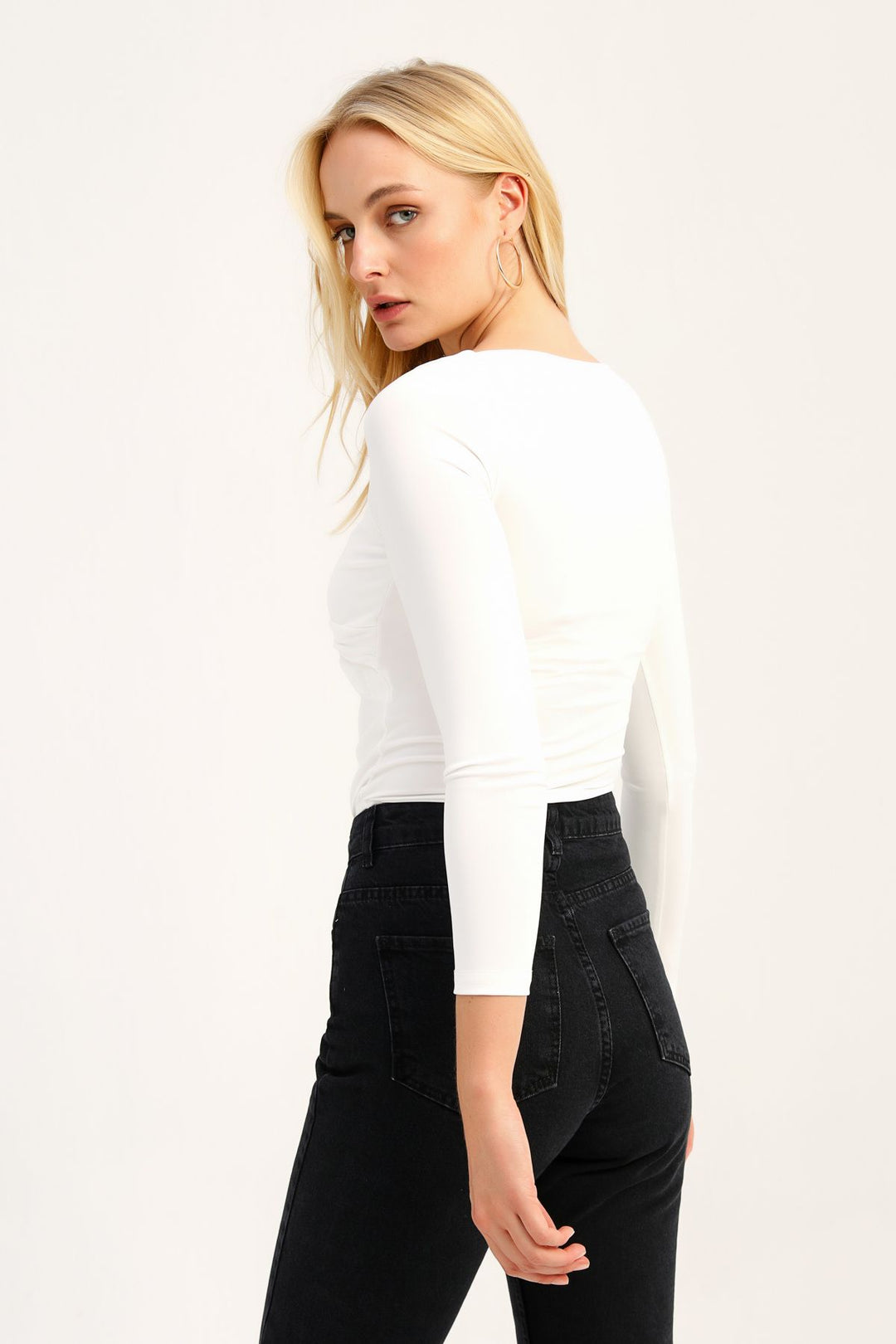 Pleated V-Neck Bodysuit Ecru