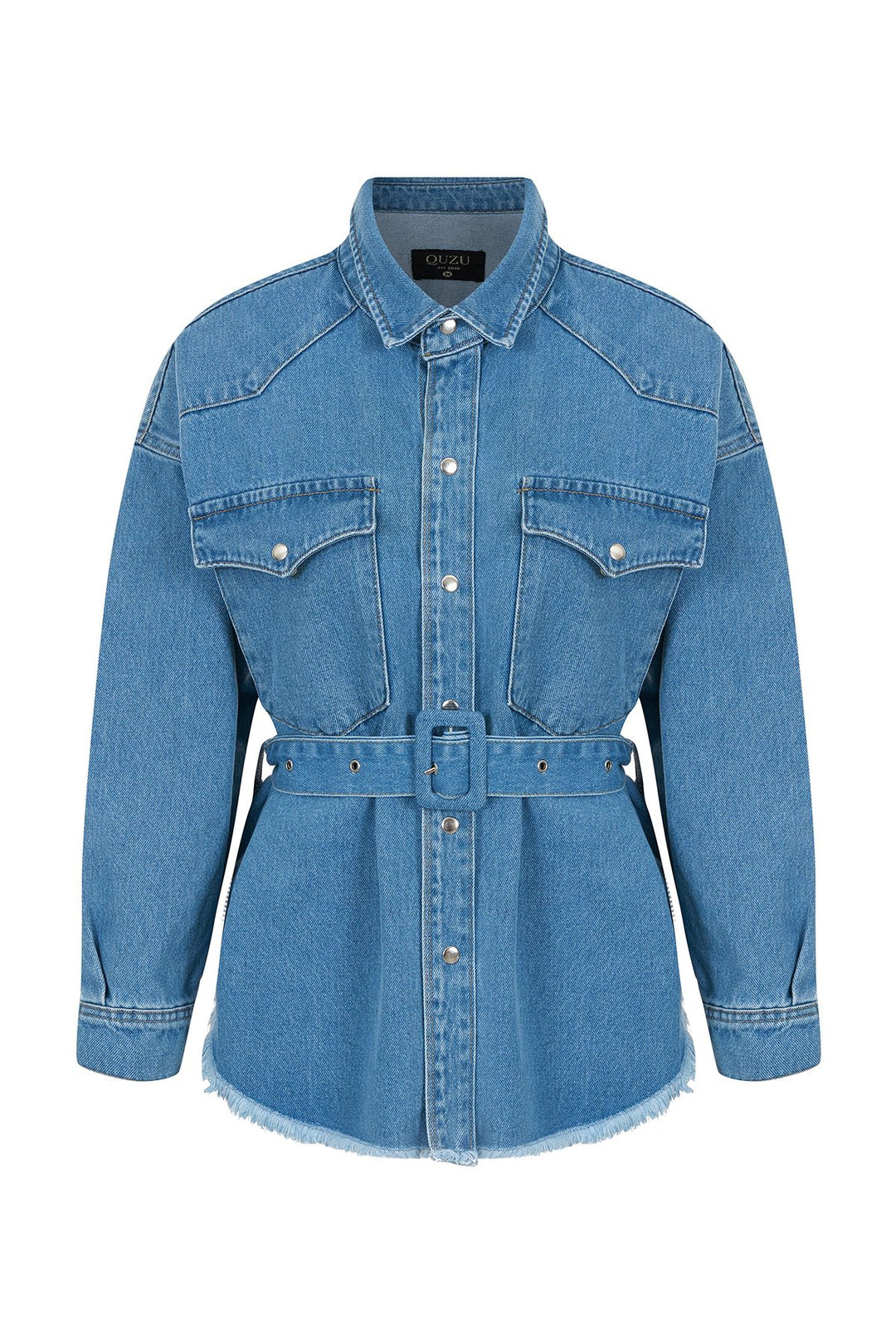 Belted Long Denim Jacket Blue