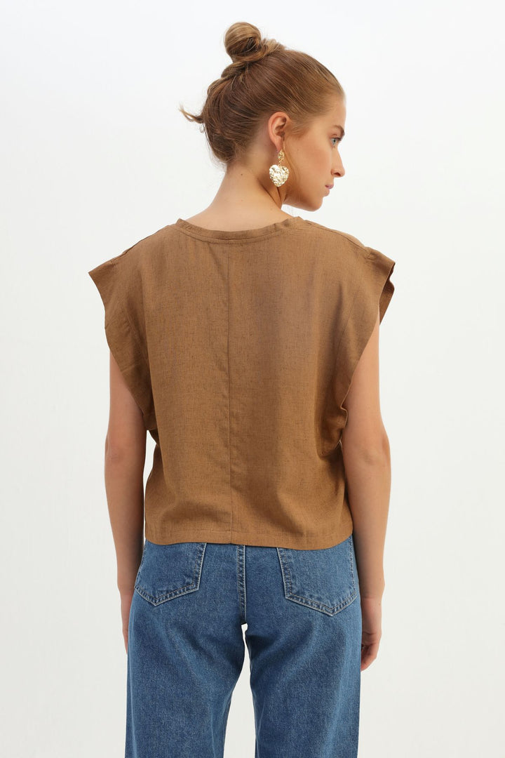 V Yaka Keten Bluz Kahverengi