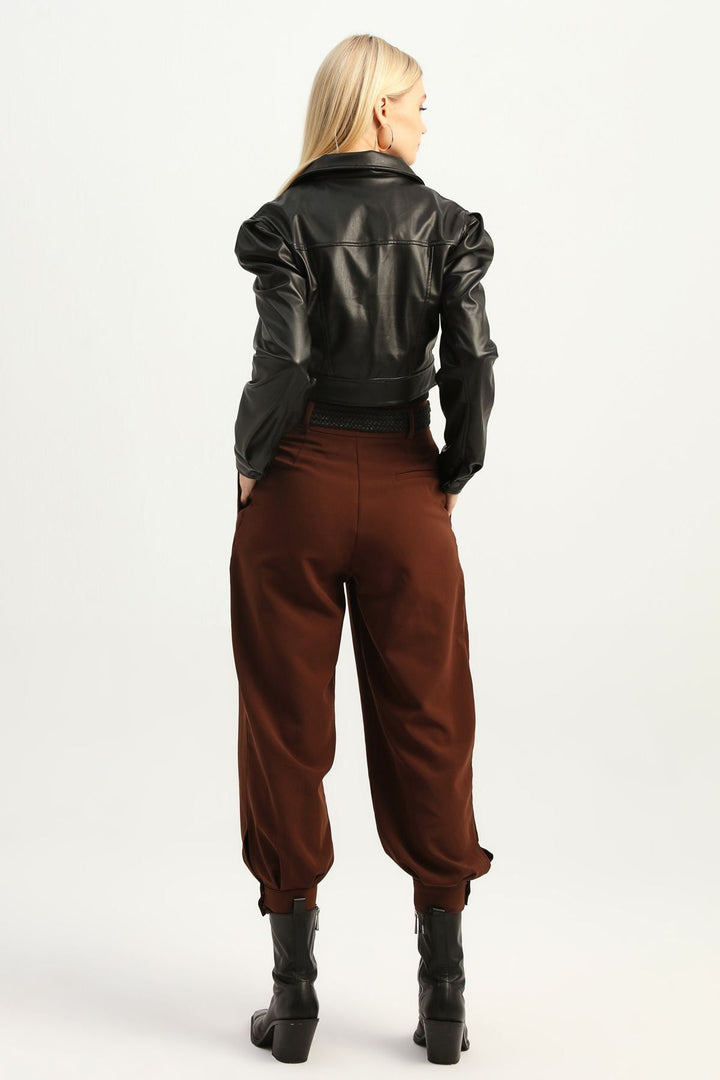 Kemerli Paçası Çıtçıtlı Pantolon Koyu Kahve