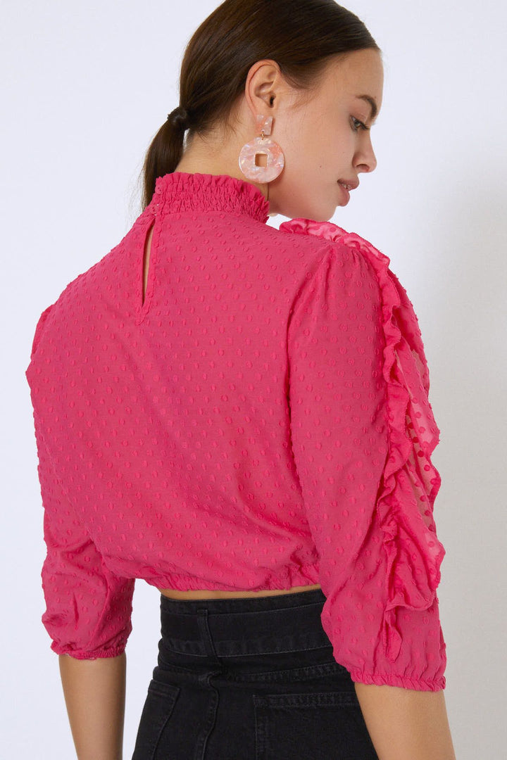 Fırfırlı Beli Lastikli Crop Bluz Fuşya