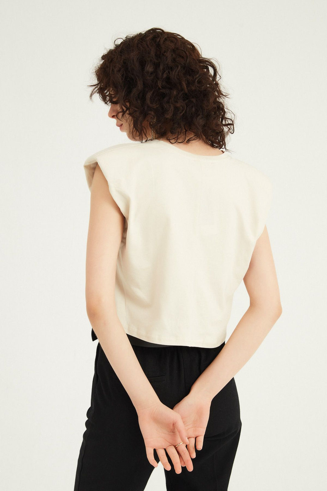 Vatkalı Basic Crop Tişört Bej