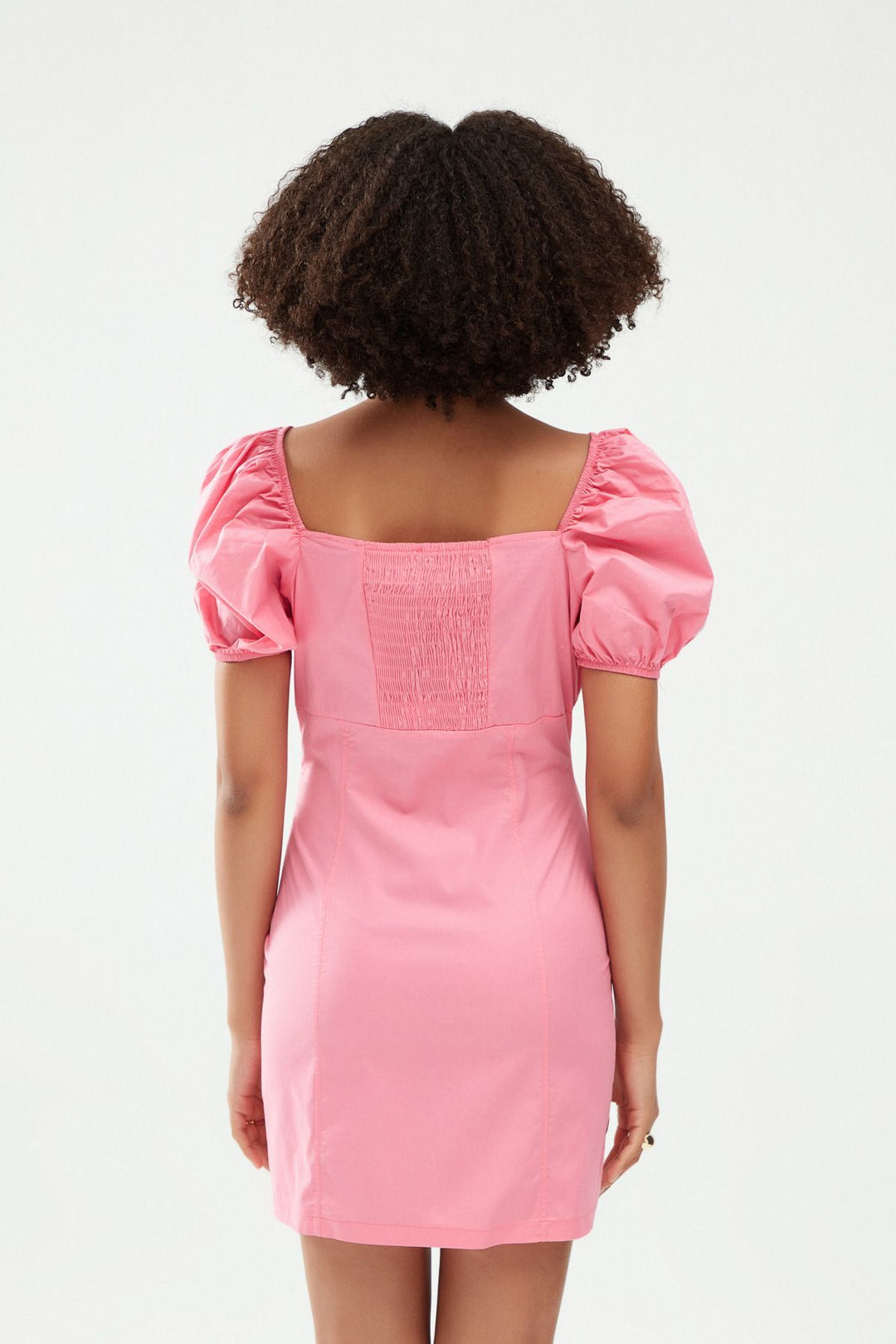 V Yaka Balon Kol Mini Elbise Şeker Pembe