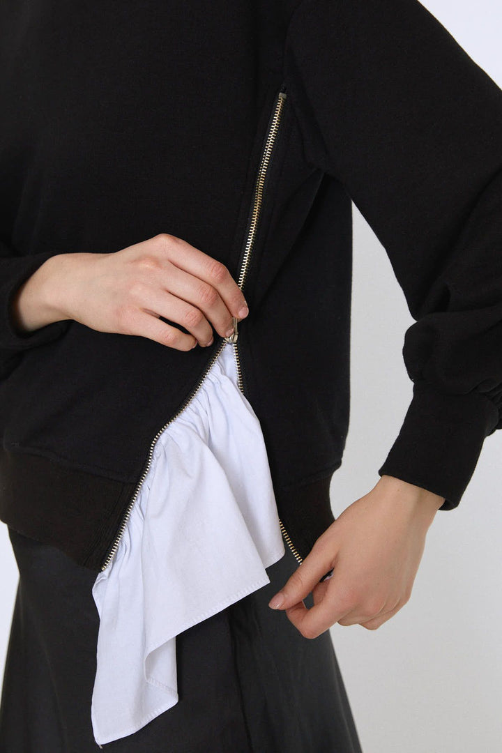 Bisiklet Yaka Yandan Fermuarlı Sweatshirt Siyah