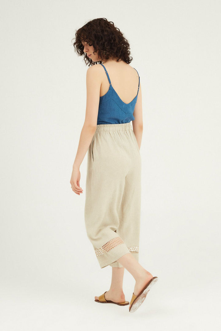 File Detaylı Keten Pantolon Naturel