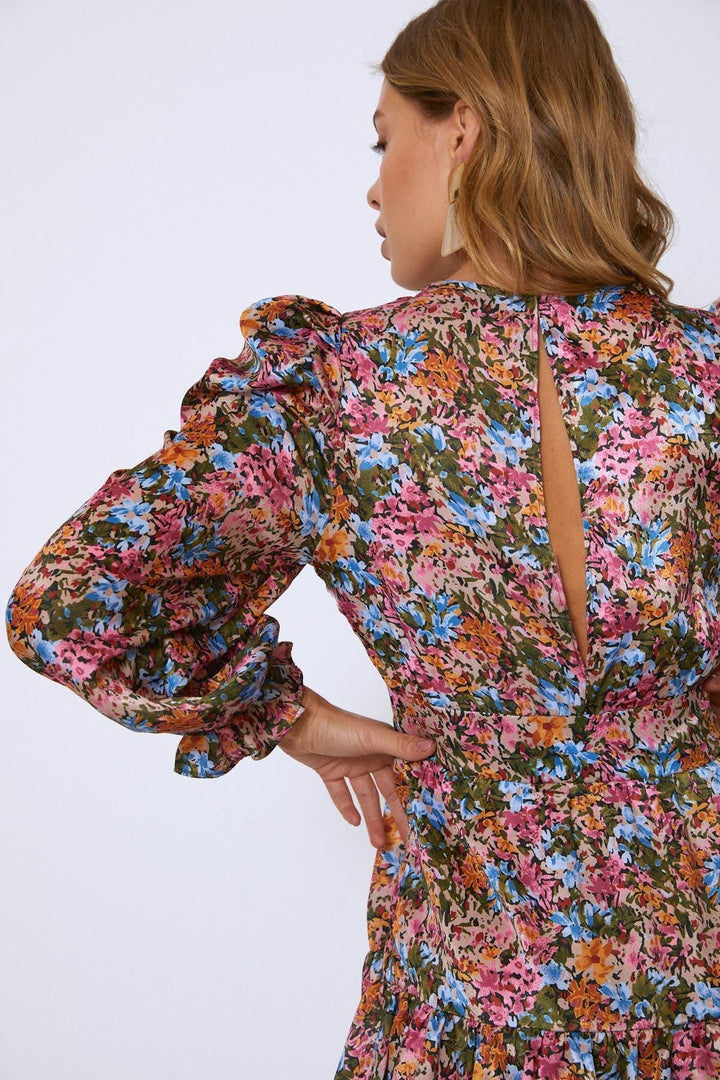 Karpuz Kol Çıtır Çiçek Mini Elbise Fuşya