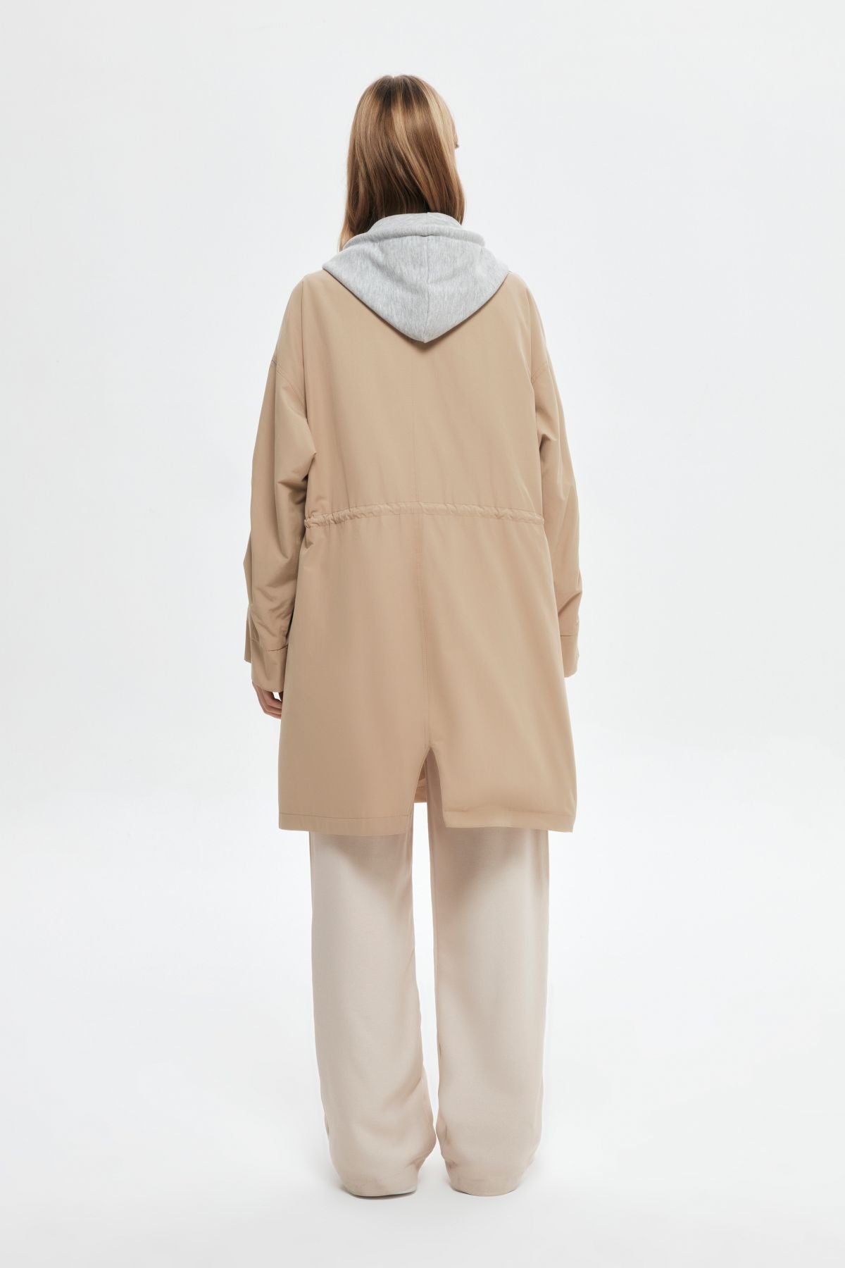 Hooded Detailed Long Trench Coat Beige