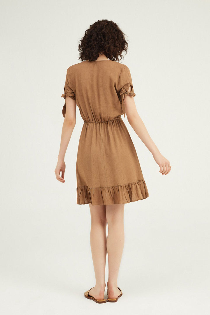 Double Breasted Frilly Linen Dress Brown