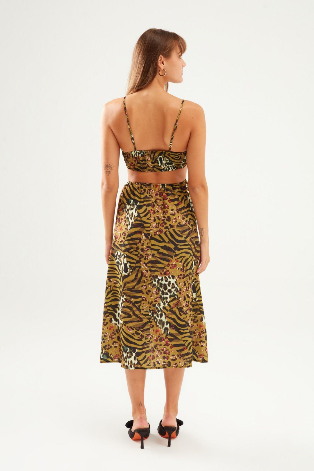 Patterned Cut Out Dress Brown