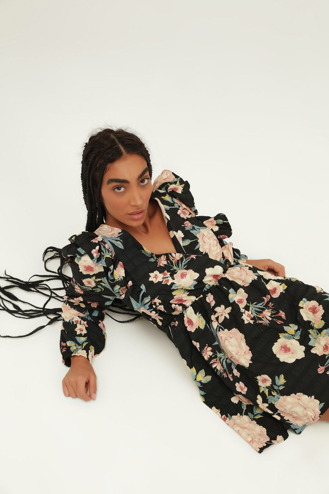 Frilly Double Breasted Floral Mini Dress Black