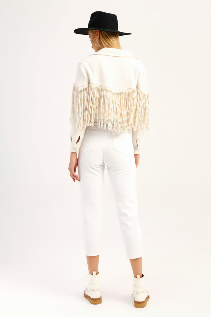 Püsküllü Crop Ceket Ekru