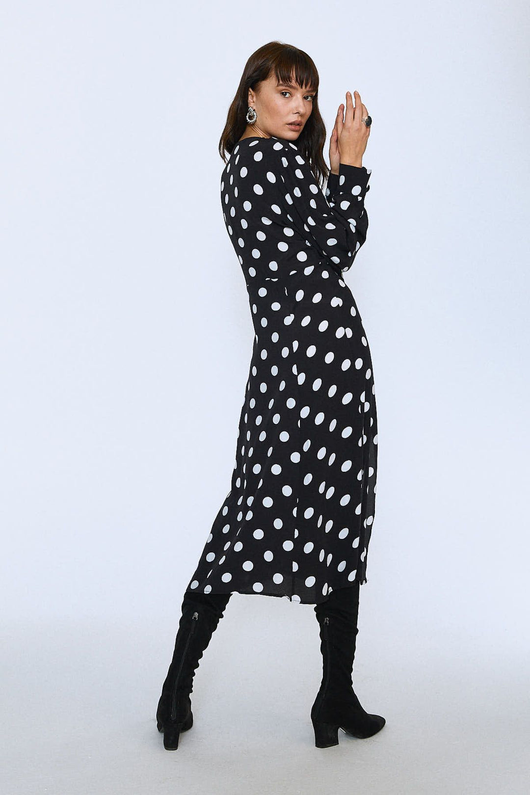 Button Front V-Neck Dress Black