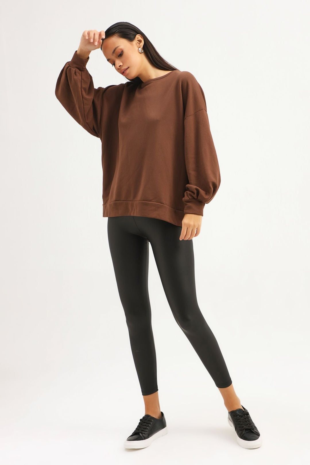 Sırt Dekolteli Oversize Sweatshirt Koyu Kahve