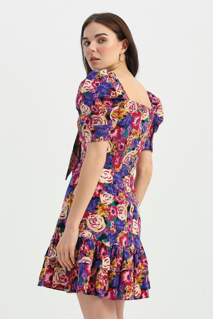 Floral Patterned Lace Detailed Dress Purple