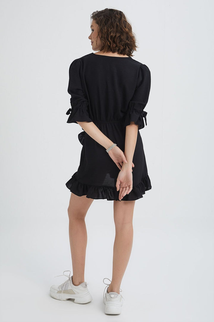 V Neck Frilly Mini Dress Black