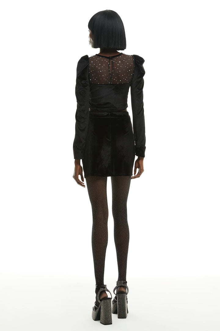 Slit Detailed Velvet Mini Skirt Black