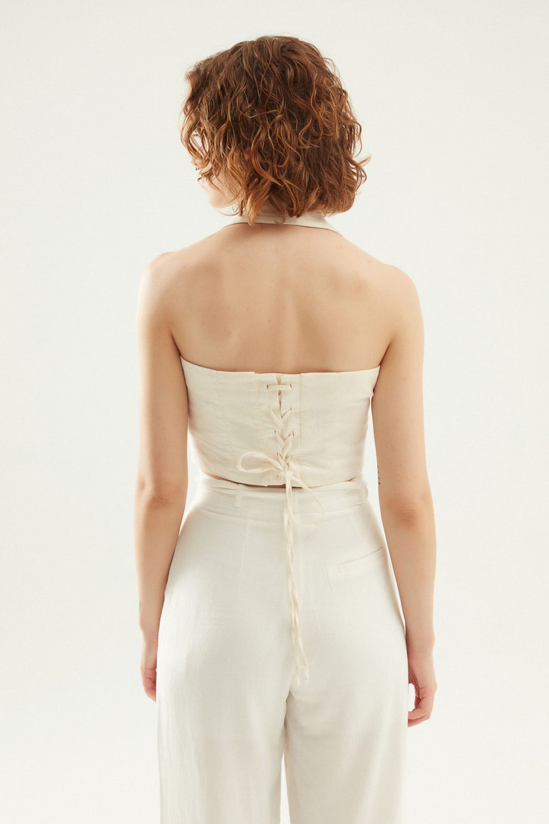 Düğme Detaylı Keten Bluz Naturel