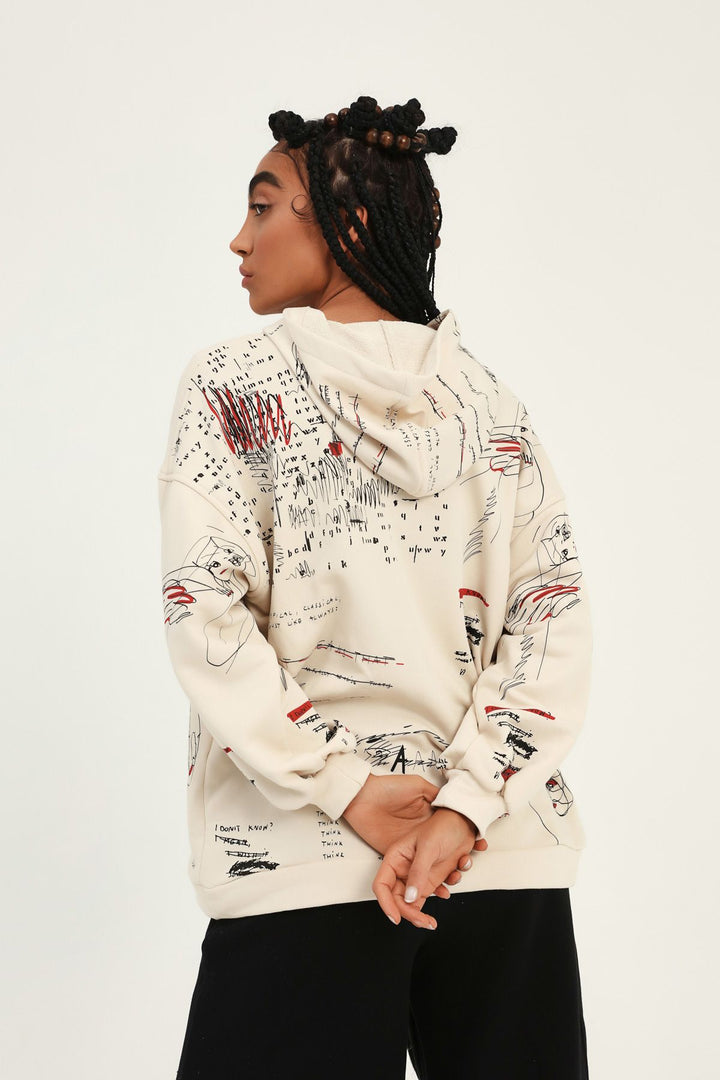 Printed Hoodie Oversize Sweatshirt Beige