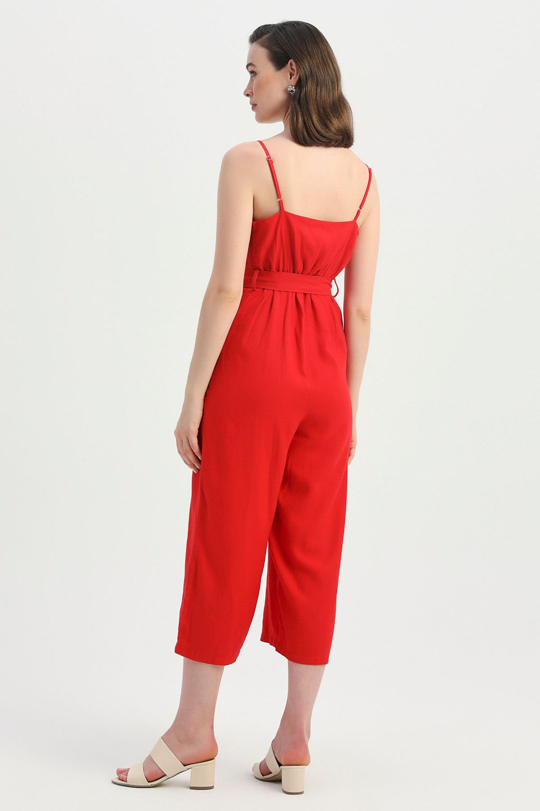 Strap Waist Belted Linen Jumpsuit Red