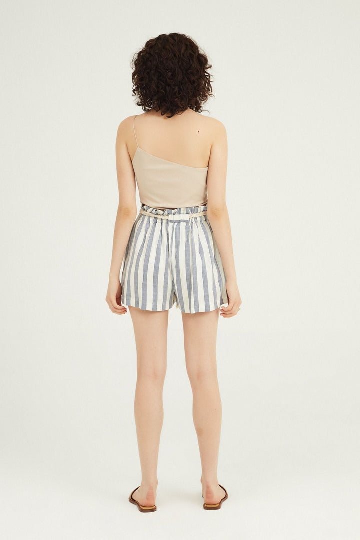 Striped Belted Linen Shorts Indigo