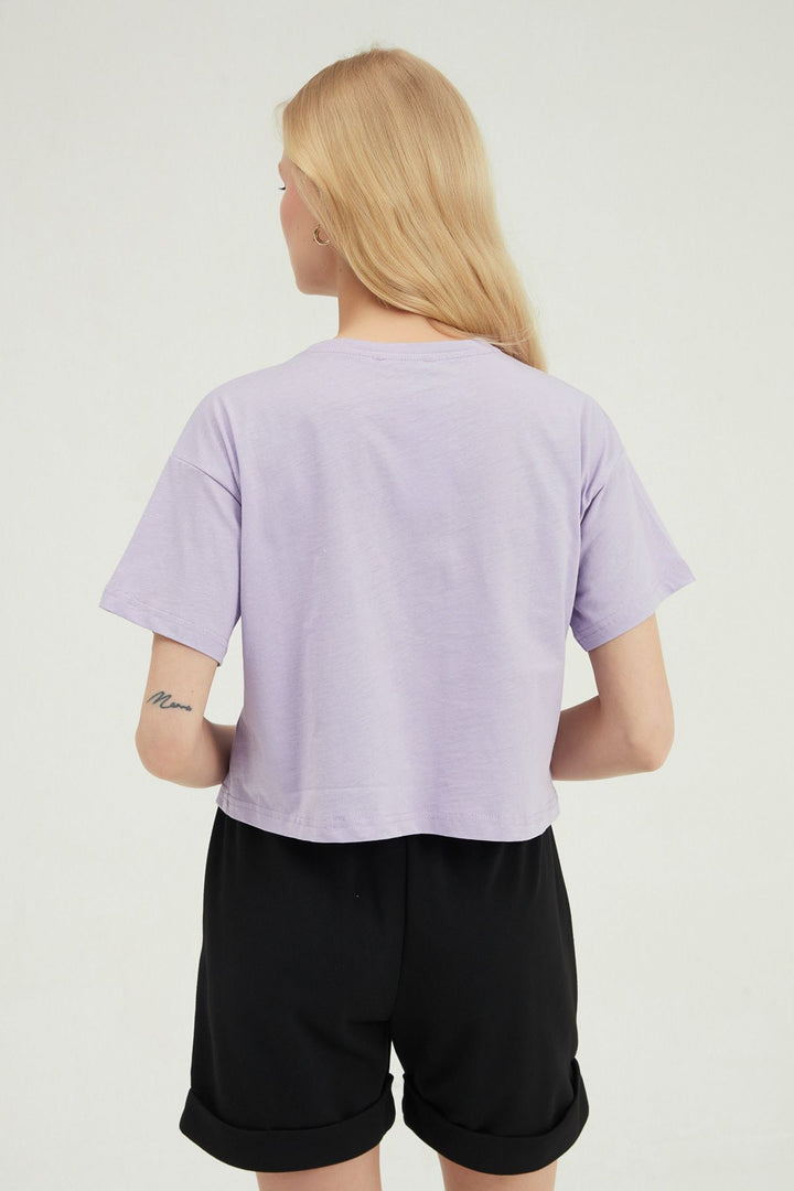 Baskılı Crop Tişört Lila