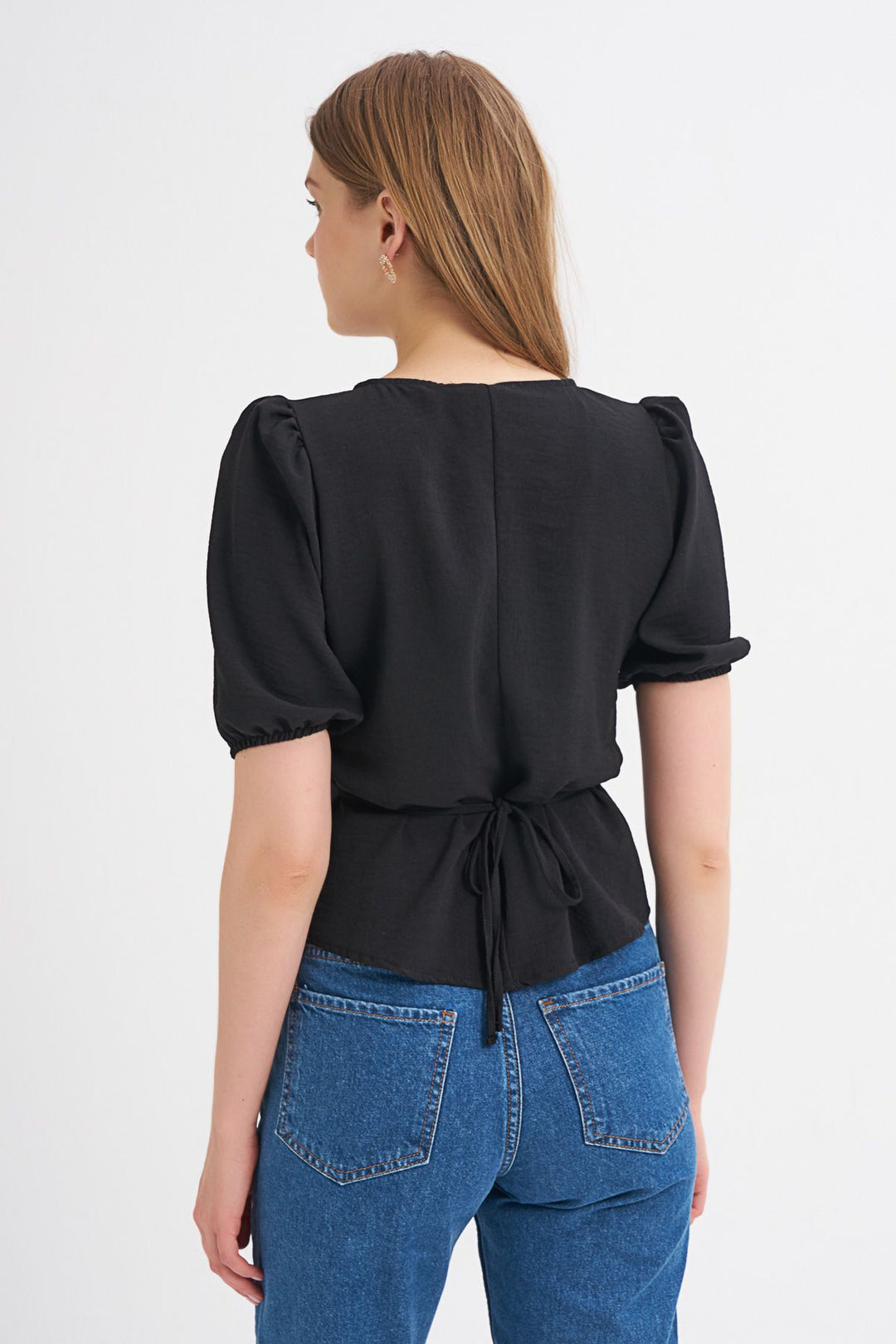 Balloon Sleeve Front Buttoned Tie Detailed Blouse Black