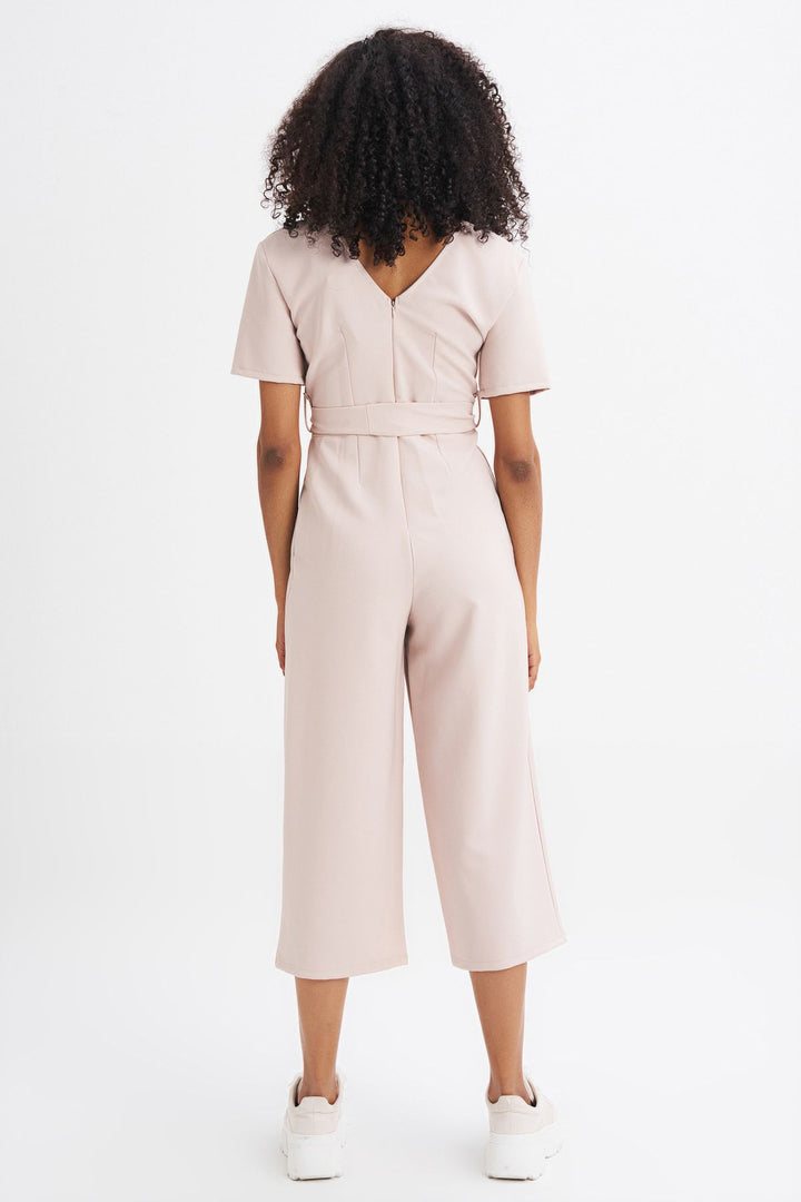 Kruvaze Beli Kuşaklı Tulum Bej