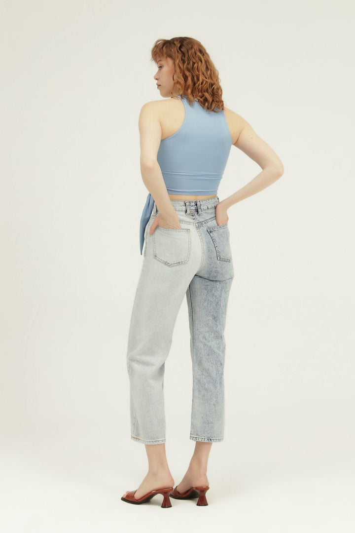 İki Renkli Bol Paça Kot Pantolon Açık Mavi