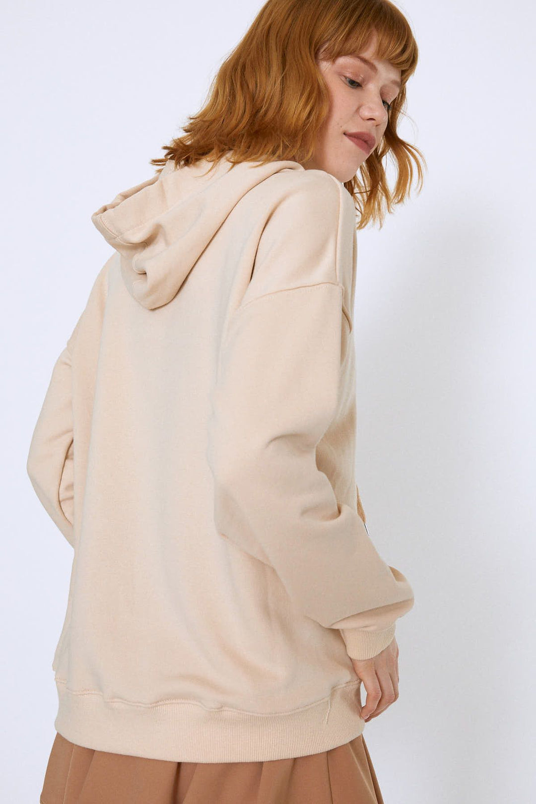 Front Printed Hoodie Sweatshirt Beige