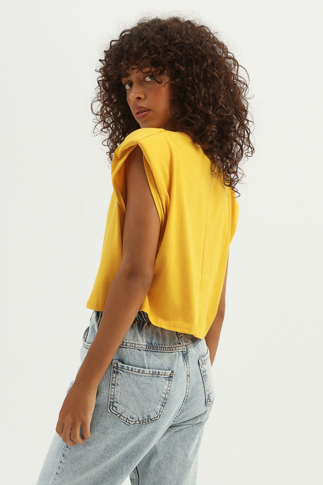 Vatkalı Basic Crop Tişört Hardal