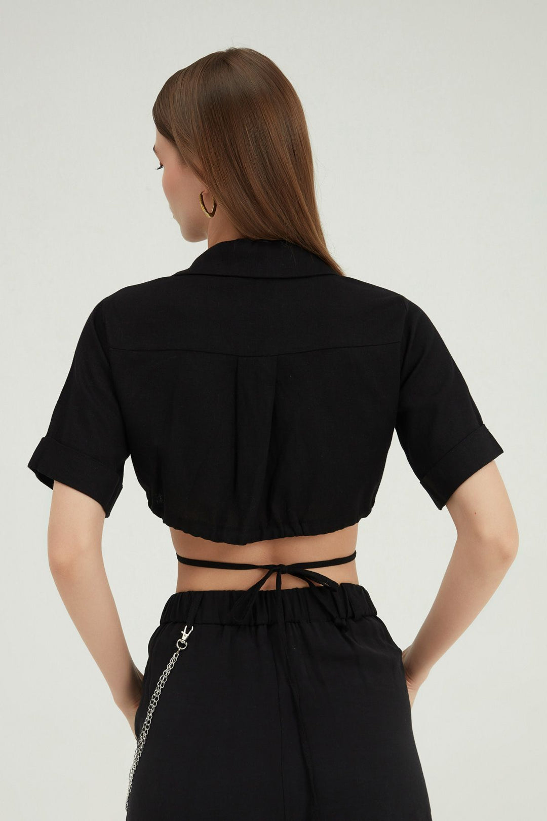 Tie Front Crop Linen Shirt Black