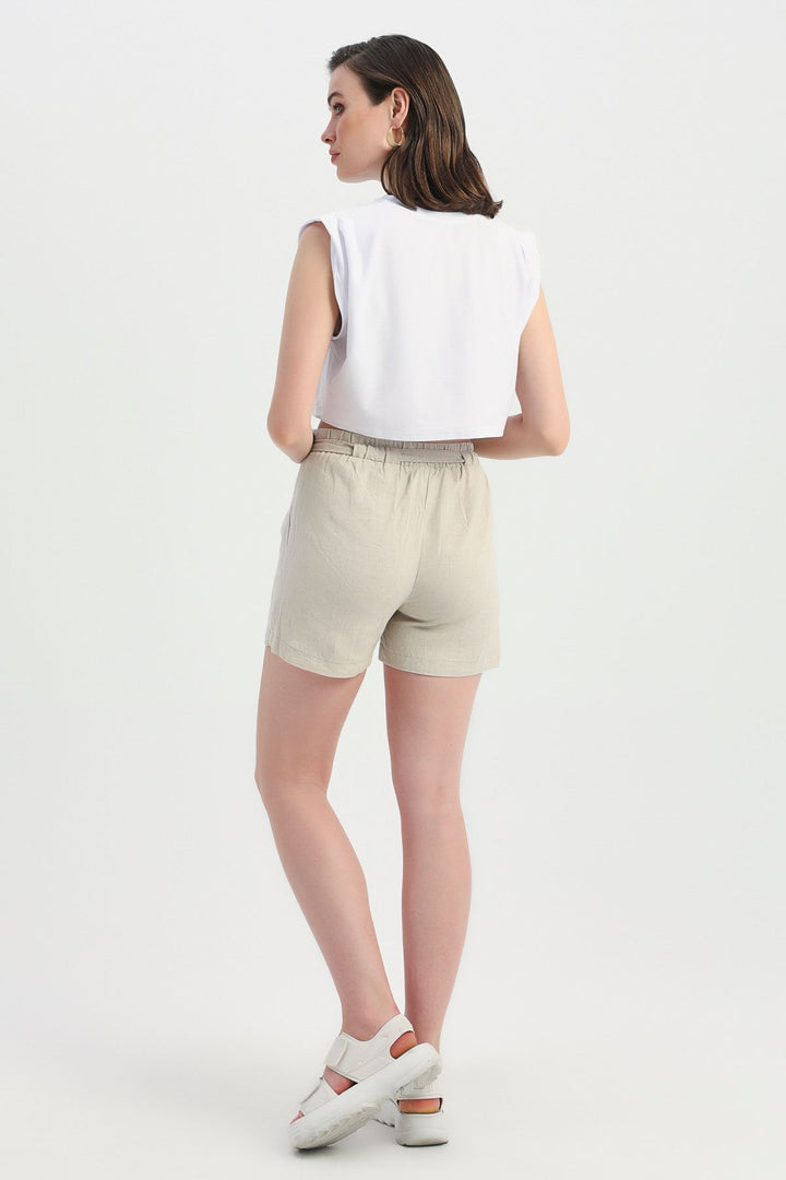 Belted High Waist Linen Shorts Natural
