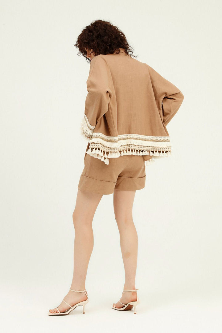 Püsküllü Şal Yaka Ceket Camel