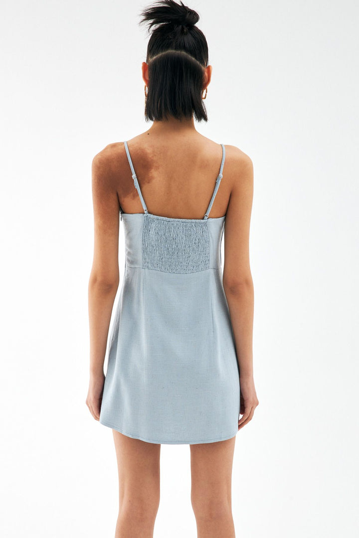 Askılı Keten Mini Elbise Mavi