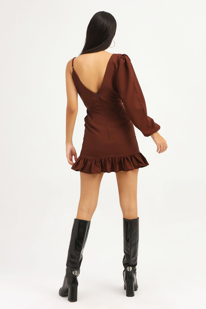 Pleated Asymmetrical Sleeve Dress Dark Brown